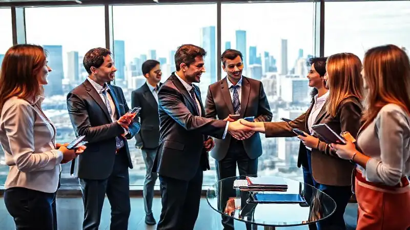 Profesionales de negocios intercambian ideas en sala moderna