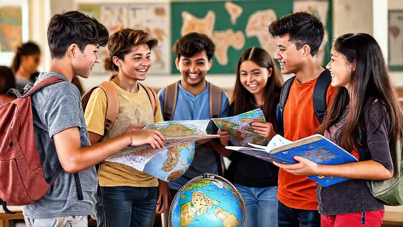 Estudiantes intercambian mapas en aula vibrante