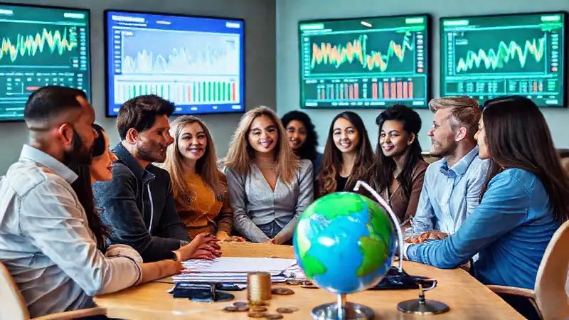 Estudiantes discuten economía en aula moderna