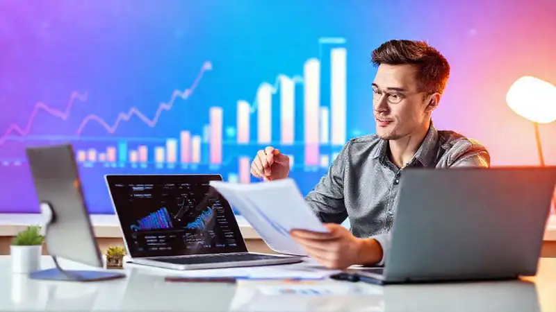 Joven estudiando gráficos financieros con optimismo