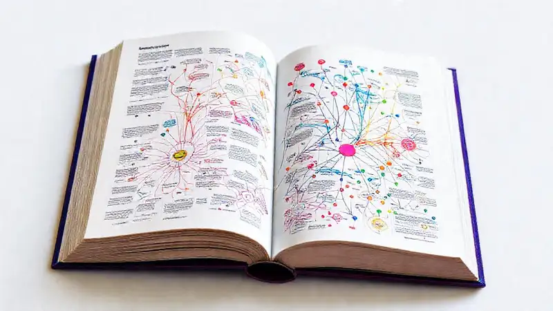Libro abierto con diagramas y redes coloridas
