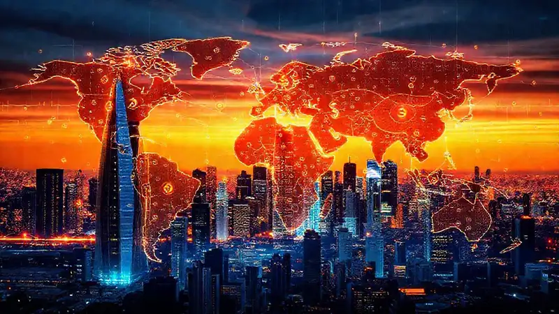Mapa financiero global con gráficos y datos digitales