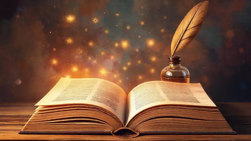 Libro antiguo con símbolos literarios brillantes