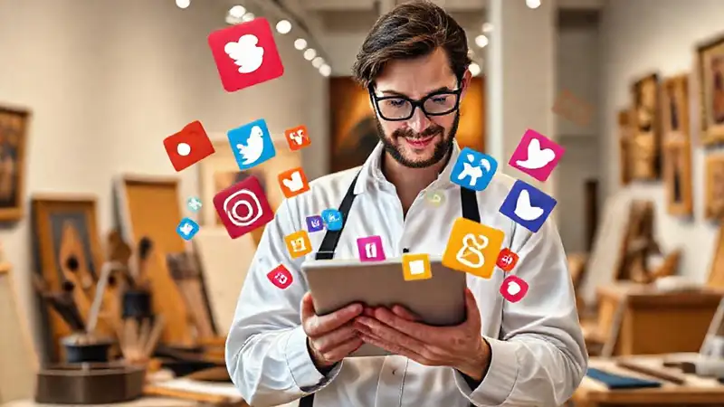 Historiador de arte con tablet y iconos digitales