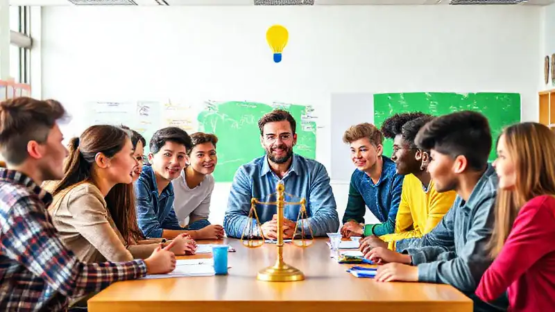 Estudiantes colaborando en aula moderna y diversa