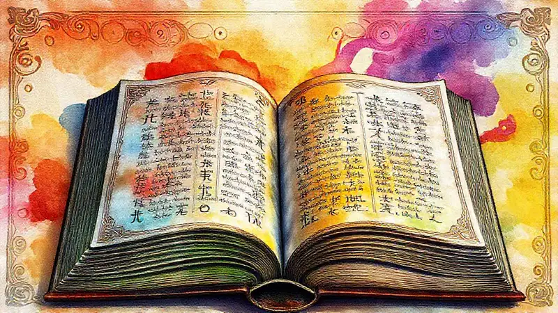 Libro antiguo con símbolos vibrantes y detalles