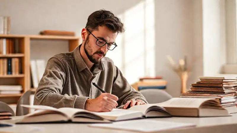 Estudiante concentrado en su estudio minimalista