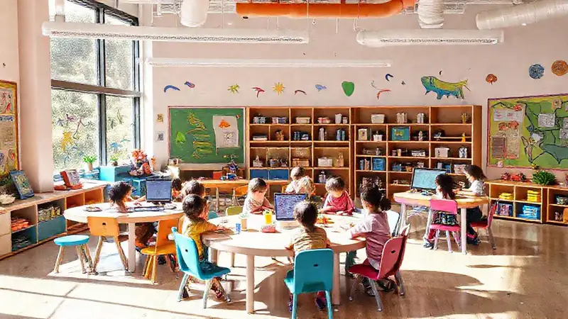 Aula moderna y creativa con niños colaborando