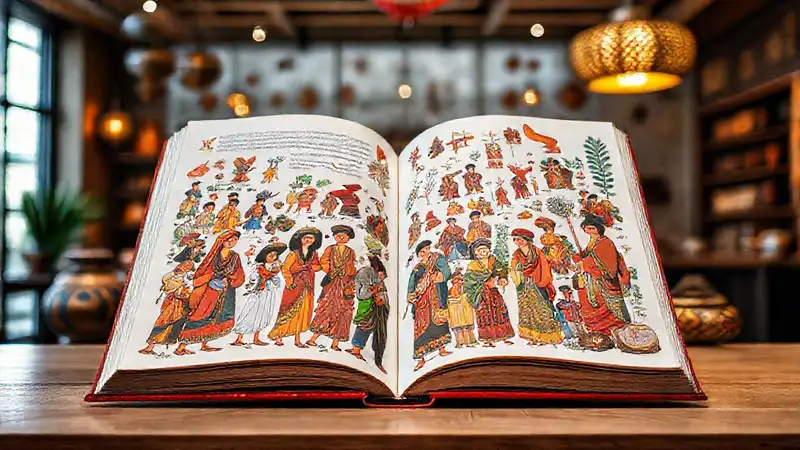 Libro abierto con ilustraciones culturales vibrantes