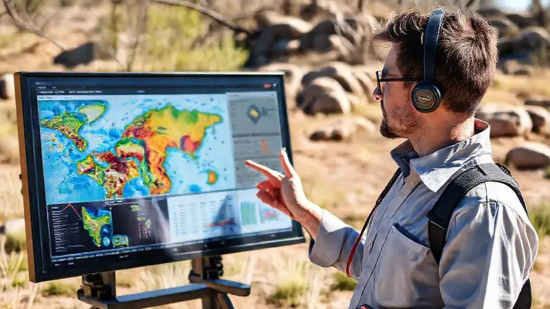 Investigador muestra mapas coloridos en exteriores