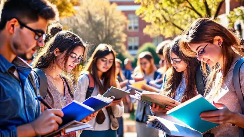 Estudiantes creativos en campus vibrante y colorido