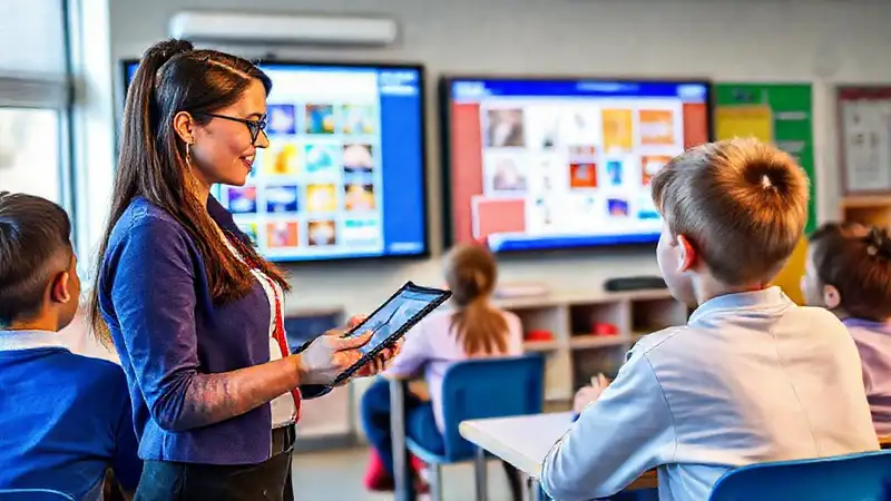 Profesor usa tablet en aula moderna interactiva