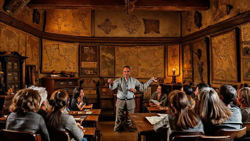 Aula histórica con profesor y estudiantes entusiastas