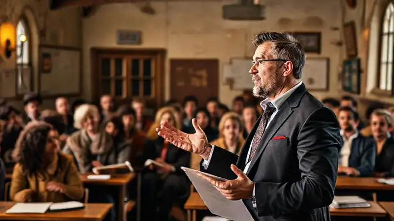 Presentador confiado con historia y recursos visuales