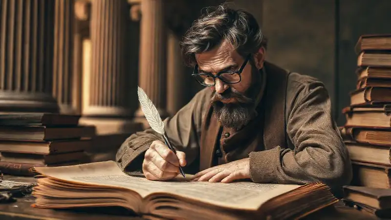 Historiador antiguo con libros y pluma