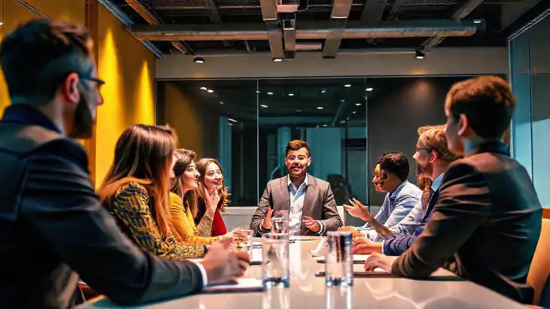 Profesionales discuten en reunión moderna y dinámica