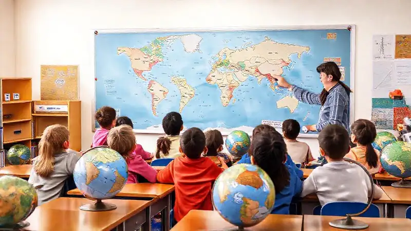 Aula con estudiantes y mapa en enseñanza geografía