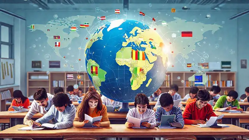 Mundo global con estudiantes conectados y tecnología