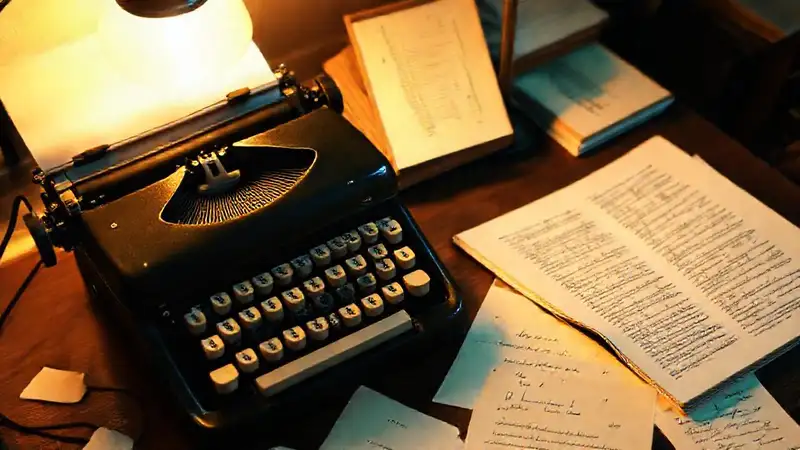 Escritorio vintage con notas y máquina de escribir