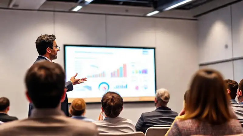 Presentador profesional en conferencia con diapositivas coloridas