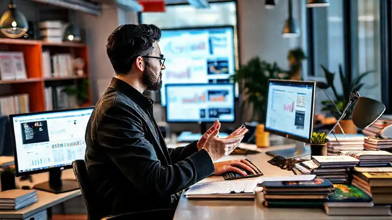 Socióloga usa tecnología en oficina moderna