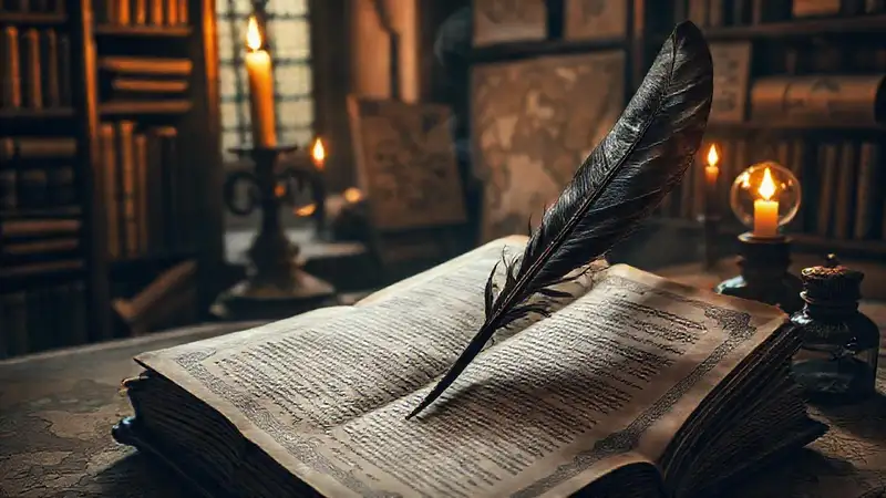 Manuscrito antiguo en biblioteca misteriosa y caligrafía