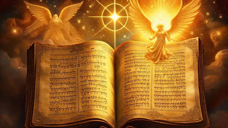 Pergaminos sagrados con luz y símbolos divinos