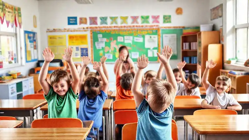 Aula primaria con niños y maestra sonriente