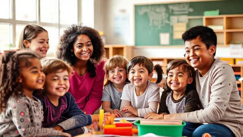 Niños y maestros felices en aula armoniosa