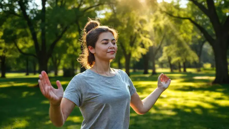 Estudiante haciendo yoga en parque tranquilo
