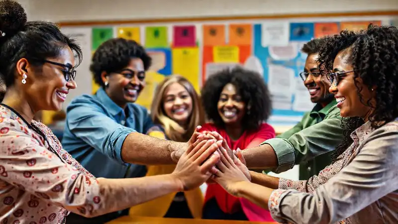 Maestros colaborando en aula inclusiva vibrante