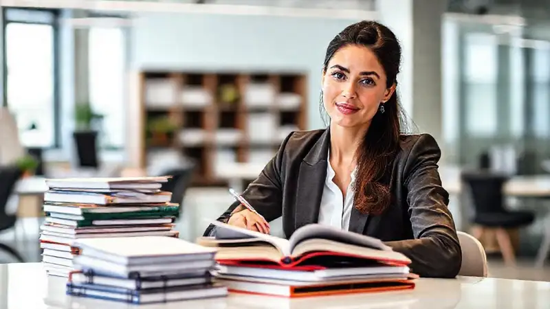 Empresaria segura estudiando en oficina organizada