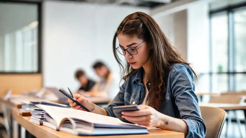 Materiales de estudio y examen en aula moderna