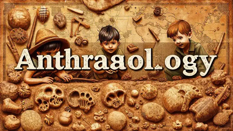 Portada de antropología con artefactos y exploradores