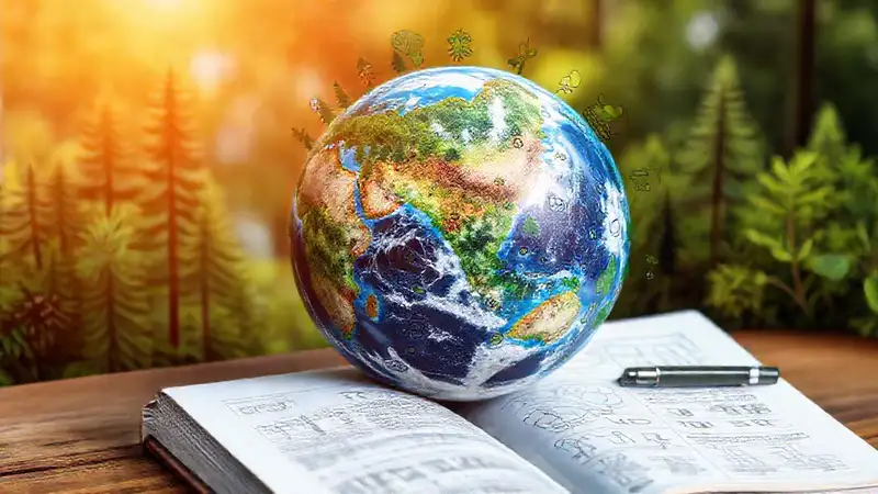 Tierra ecológica con notas y símbolos ambientales
