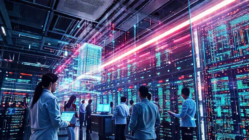 Centro de datos futurista con interfaces holográficas