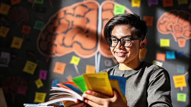 Estudiante confiado usa fichas y técnicas memorísticas
