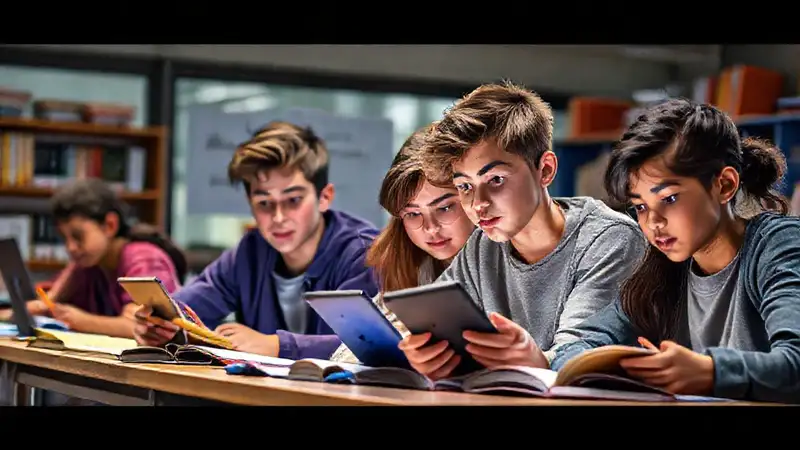 Adolescentes estudian en aula digital moderna