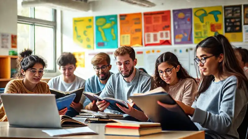 Estudiantes en aula moderna y participativa