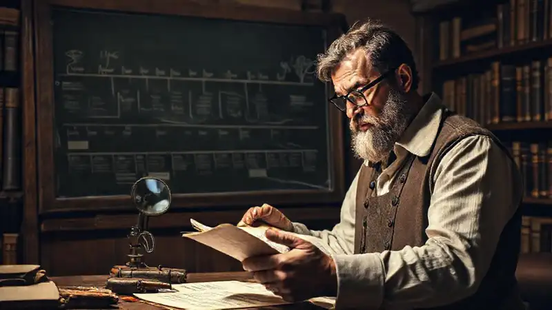 Historiador analizando documentos en estudio antiguo