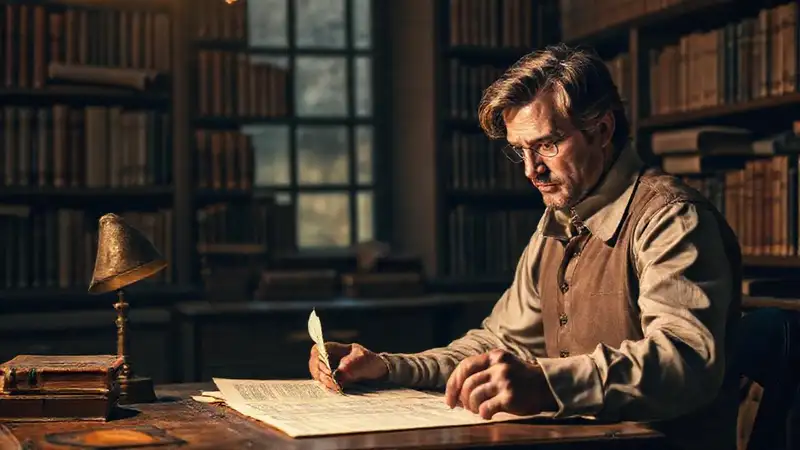 Historiador en estudio con libros y pluma