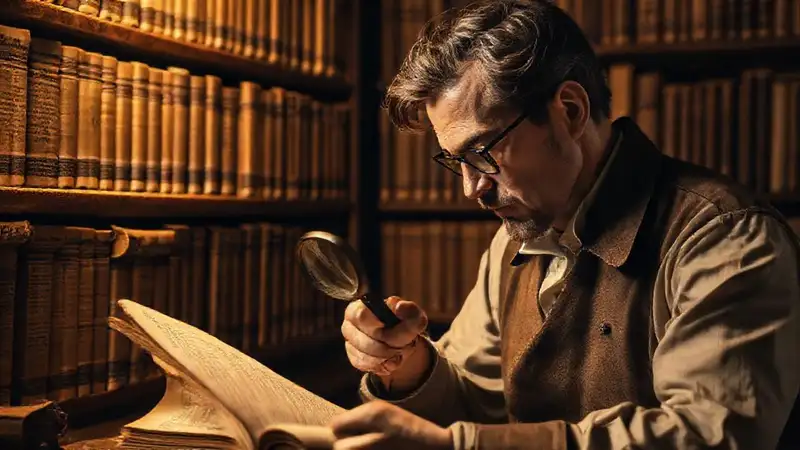 Estudiante estudia documentos históricos en biblioteca