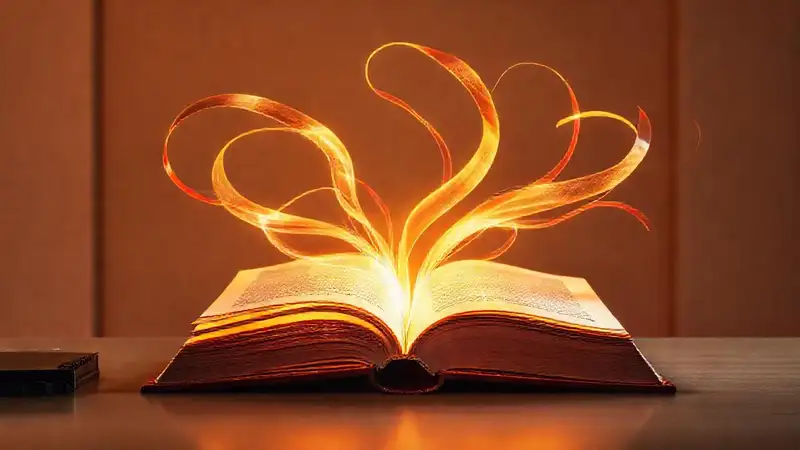 Libro iluminado con palabras vibrantes y persuasivas