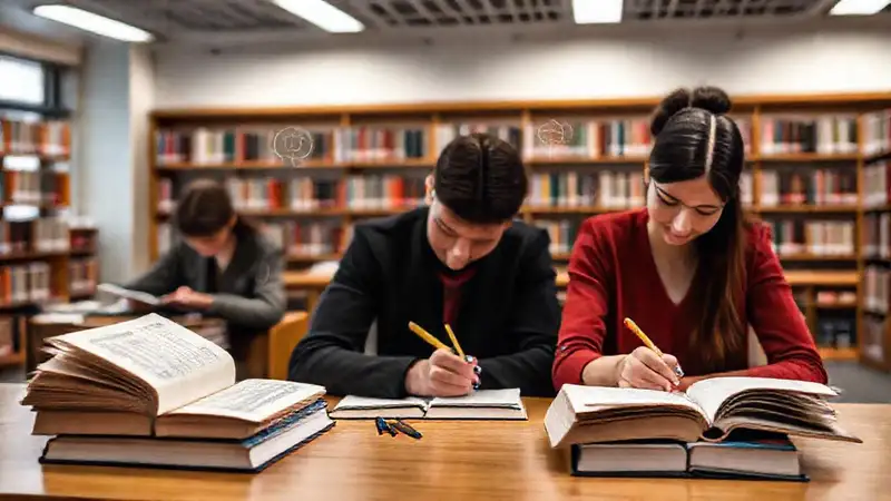 Libros, símbolos, estudiantes, notas en biblioteca