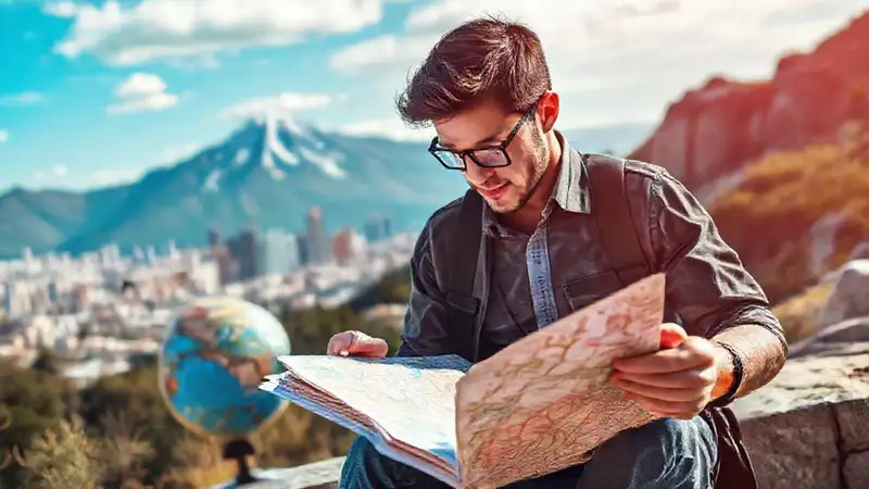 Estudiante explorando mapas en un entorno inspirador