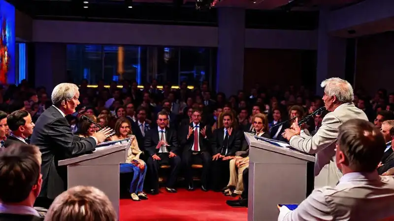Debate político con oradores persuasivos y expresivos