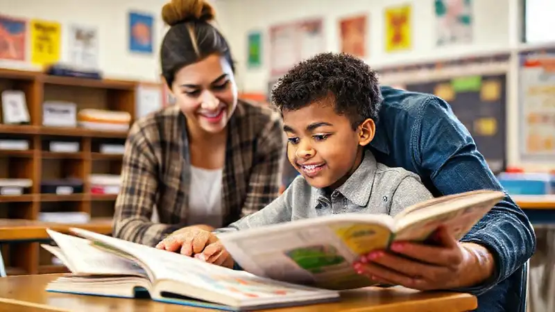 Estudiante motivado con libros y profesor guía