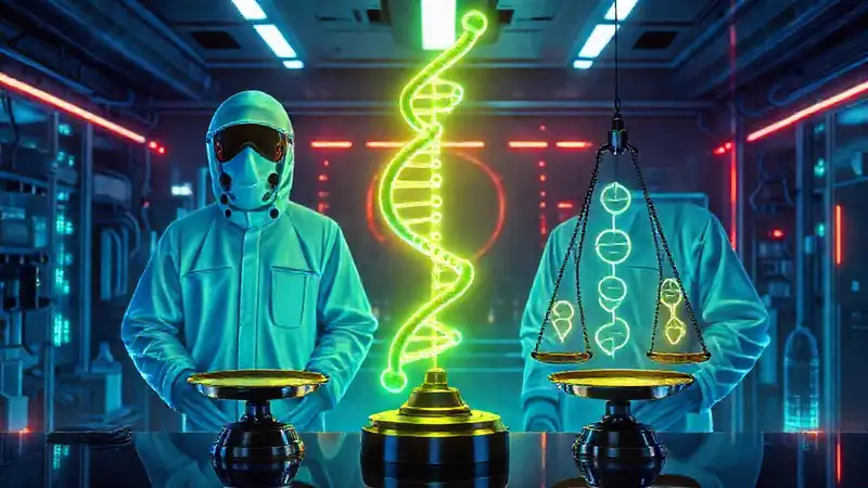 Laboratorio futurista con científicos y ADN iluminado