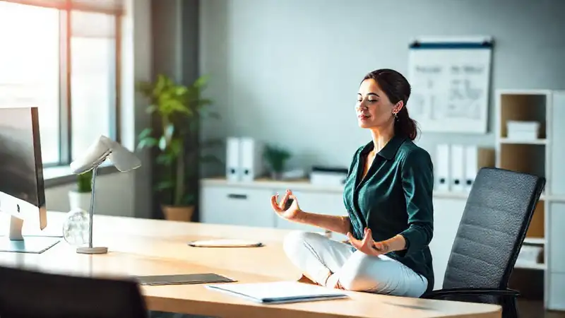 Mujer de negocios meditando en oficina moderna