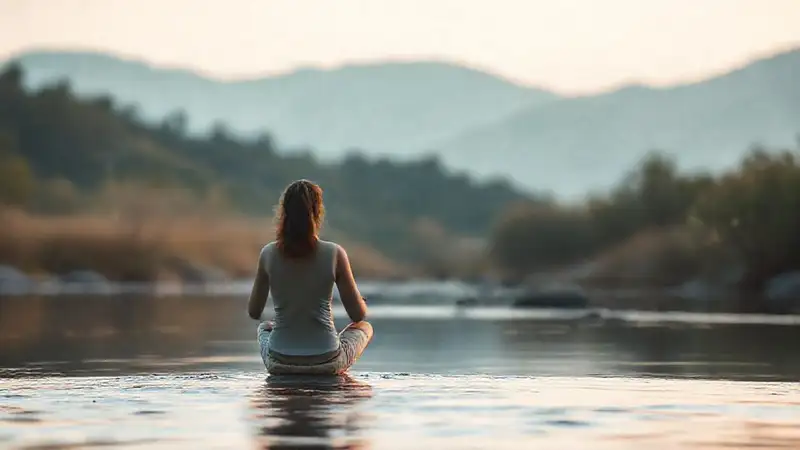 Persona meditando en paisaje tranquilo y armonioso
